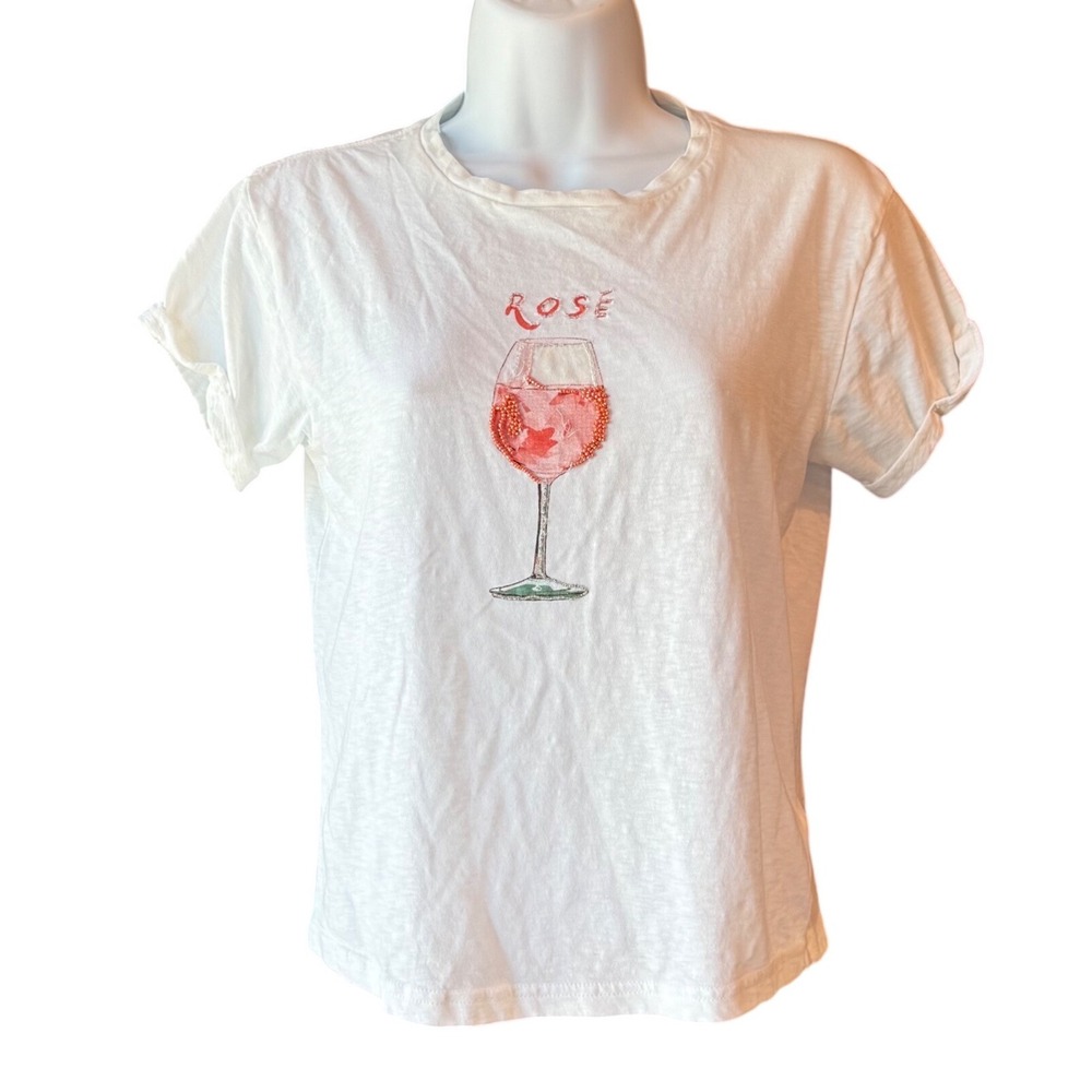 Christian Siriano Rosé Wine Glass Beaded Graphic Tee Shirt Size XS‎ White Cotton
